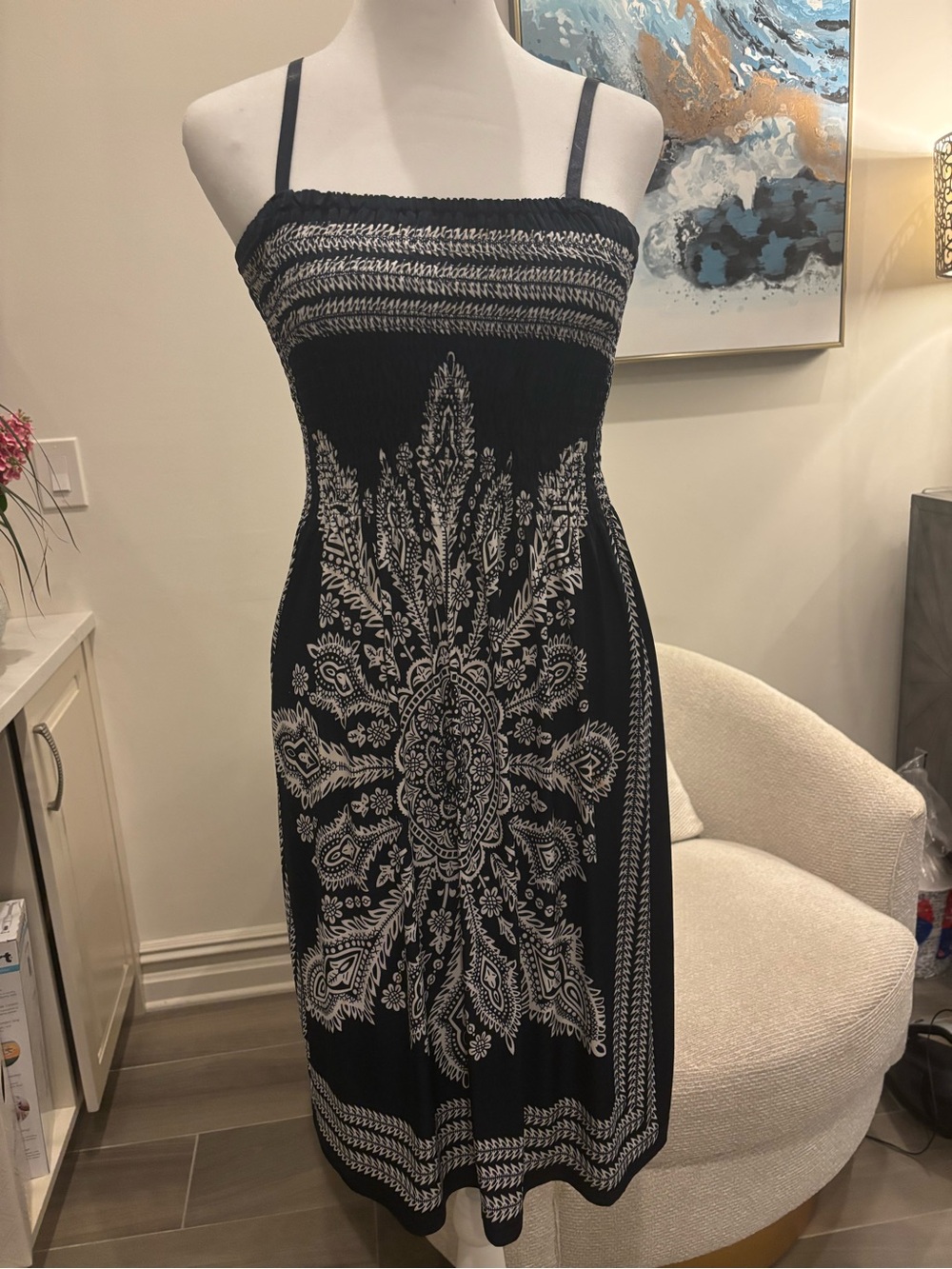 Black and White Strap Dress with Smocked Bodice